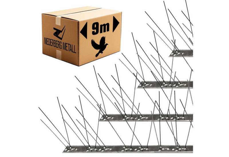 Niederberg Metall Taubenspikes 9 m Vogelabwehr Spikes mit Edelstahl-Leiste - Taubenschutz Vogelspikes, 50x2,5x11,5 cm, Vogelspikes aus Edelstahl für Balkon, Dach, Fensterbank & Garten von Niederberg Metall