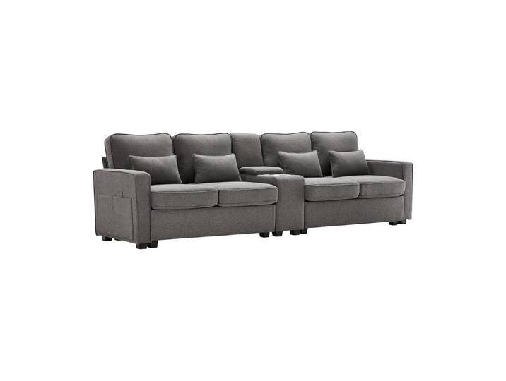 Sytifro 4-Sitzer Modernes 4-Sitzer-Sofa aus Leinenstoff mit Konsole, 2 Getränkehaltern, 2 USB-Anschlüssen zum Aufladen mit Kabel, mit Armlehnentaschen und 4 Kissen, Einfaches Sofa für Wohnzimmer, Wohnung, Büro von OTTO