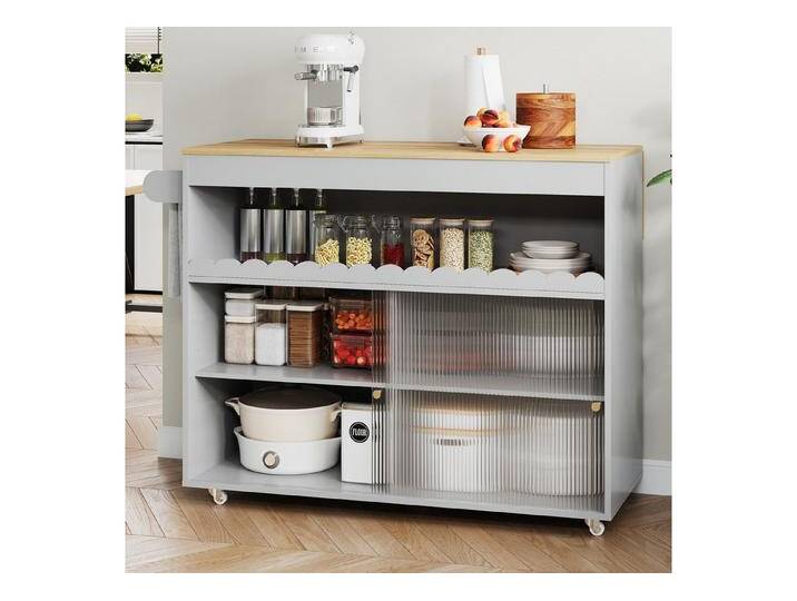 Sytifro Küchenzeile Klappbarer Kücheninselwagen, Arbeitsplatte aus Eichenholzfurnier, (Schiebetüren aus Gehärtetem Glas, Verstellbare Einlegeböden, Handtuchhalter, Großer Kücheninselwagen, 122 x 46x 91cm) Sytifro Küchenzeile Klappbarer Kücheninselwagen, Arbeitsplatte aus Eichenholzfurnier, (Schiebetüren aus Gehärtetem Glas, Verstellbare Einlegeböden, Handtuchhalter, Großer Kücheninselwagen, 122 x 46x 91cm) von OTTO