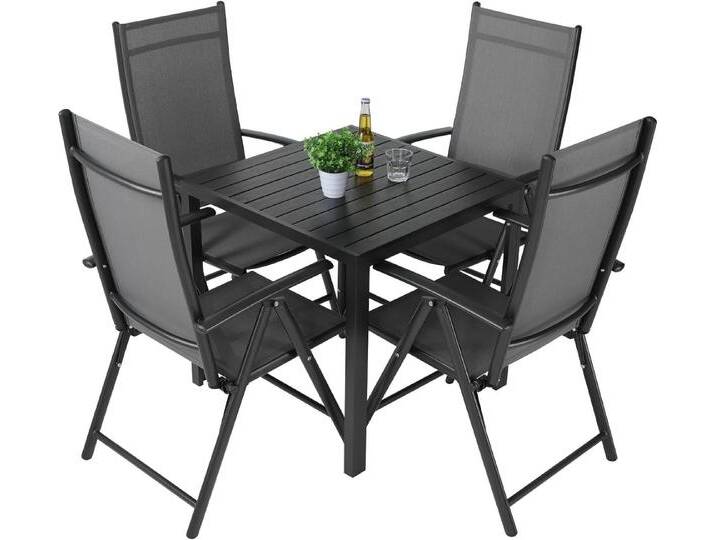 TLGREEN Gartenlounge-Set Gartenmöbel-Set,Balkonmöbel-Set,Aluminium-Sitzgruppe, (4pcs Aluminium Klappbar Hochlehner Gartenstuhl & WPC Quadratisch, 5-tlg), 4 x 7-fach Verstellbare Hochlehner-Klappstühle mit Tisch, Wetterfest, schwarz von OTTO