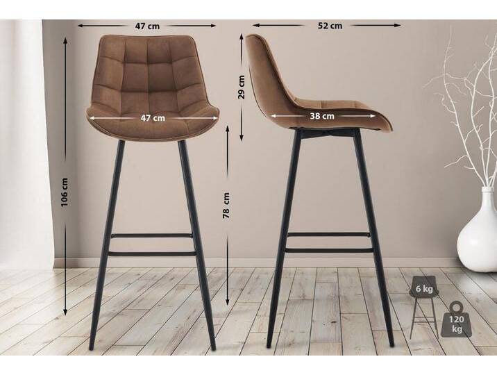 TPFLiving Barhocker 2er Set (Barstuhl - Hocker für Küche - stabiles), Thekenstuhl mit bequemer Sitzfläche: Samt braun, braun von OTTO