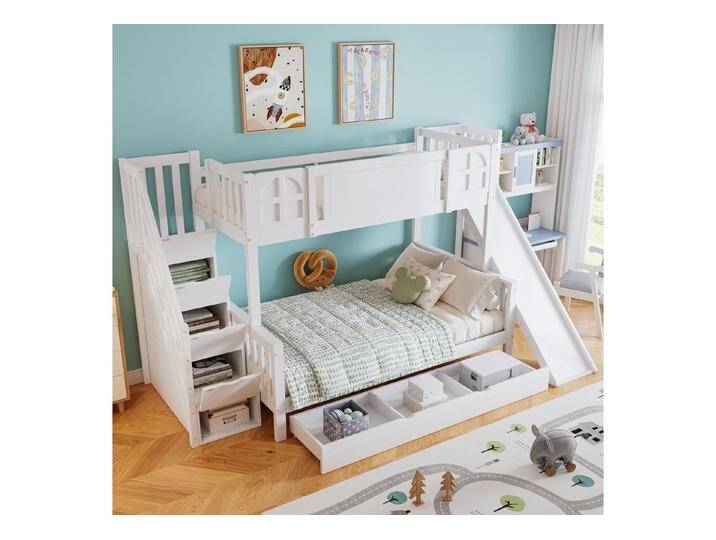 TavilaEcon Etagenbett Kinderbett mit Fenster, Kinderrutsche & 4 Schließfächer in der Treppe, Schubladen mit Rollen, Treppen mit Handlauf von OTTO