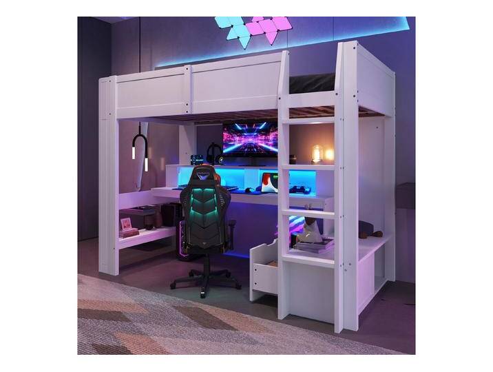 TavilaEcon Hochbett Gaming-Bett mit Schreibtisch, LED-Leuchten und Schubladen (1-St) aus massivem Kiefernholz und MDF, 90×200cm, weiß von OTTO