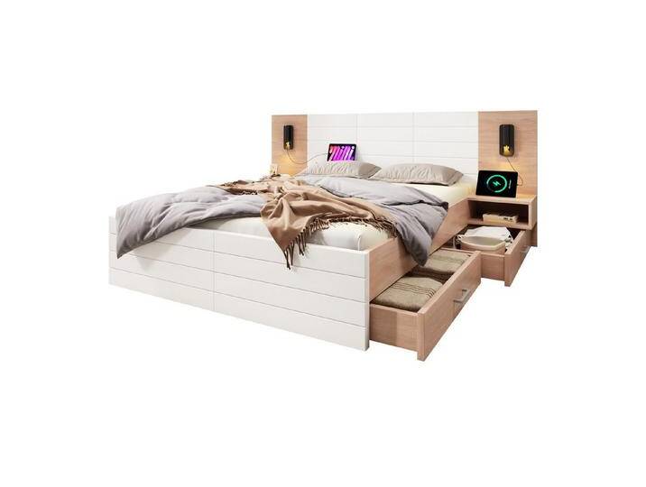 TavilaEcon Holzbett Doppelbett mit 2 Schubladen & 2 Nachtkommode, Weiß & Natur (Ohne Matratze), Kopfteil Leselicht mit USB Ladefunktion, 180×200cm von OTTO