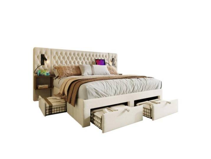 TavilaEcon Spielbett Bett mit 2 Nachttischen und 4 Schubladen 160×200/180×200cm, Kopfteil Leselicht mit USB Ladefunktion, Ohne Matratze, beige, beige TavilaEcon Spielbett Bett mit 2 Nachttischen und 4 Schubladen 160×200/180×200cm, Kopfteil Leselicht mit USB Ladefunktion, Ohne Matratze, beige, beige von OTTO