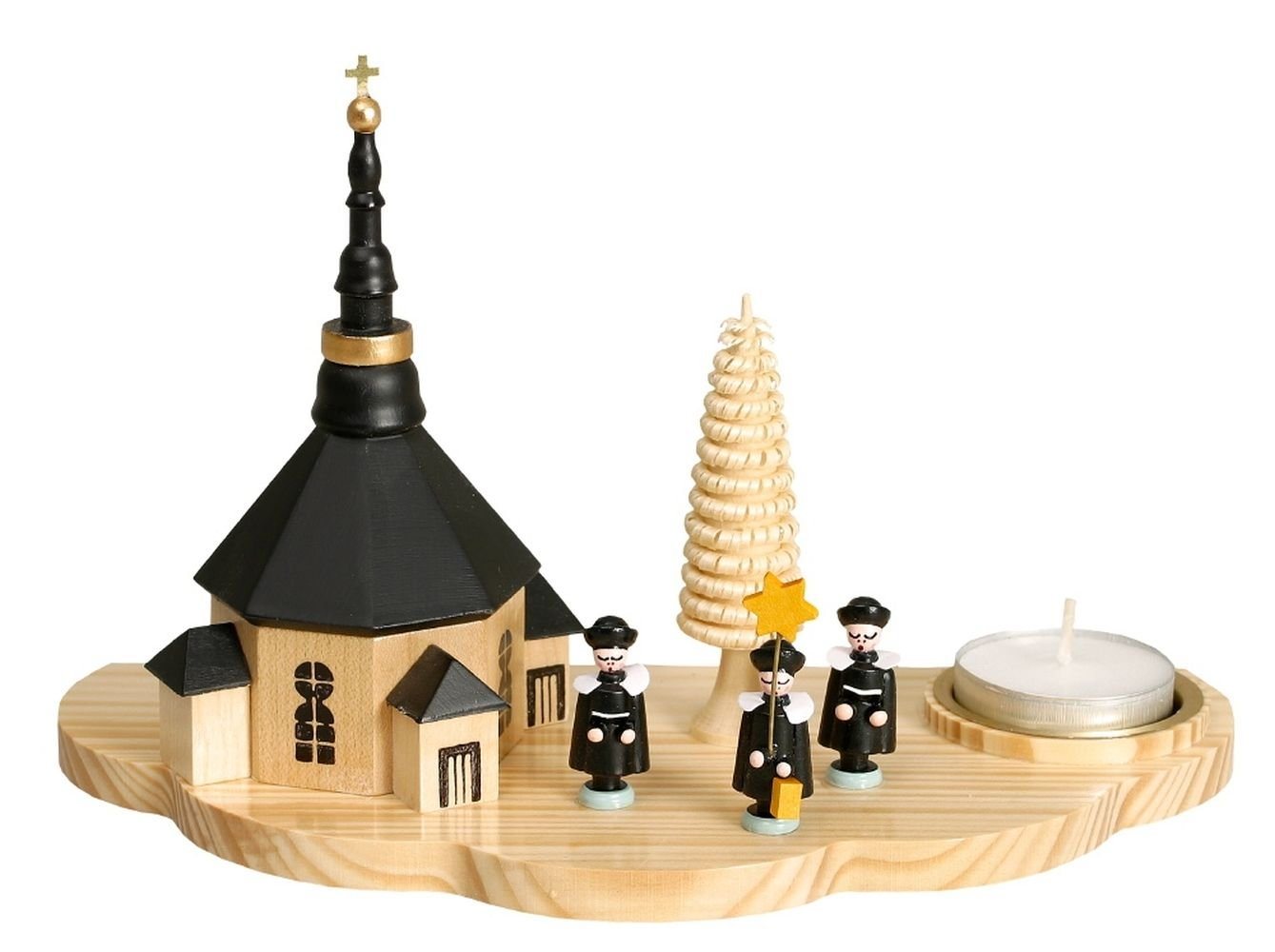 Teelichthalter Kerzenhalter Lichthalter mit Seiffener Kirche und Kurrende dunkel Teel, Ringelbäumchen, naturfarbene achteckige Kirche, kleine Figuren von OTTO