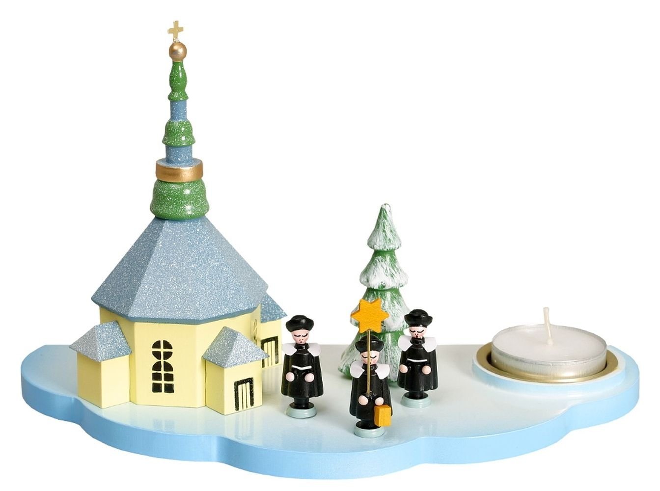 Teelichthalter Kerzenhalter Lichthalter mit Seiffener Kirche und Kurrende bunt Teelic, Schneebedeckte achteckige Kirche, kleine Figuren von OTTO