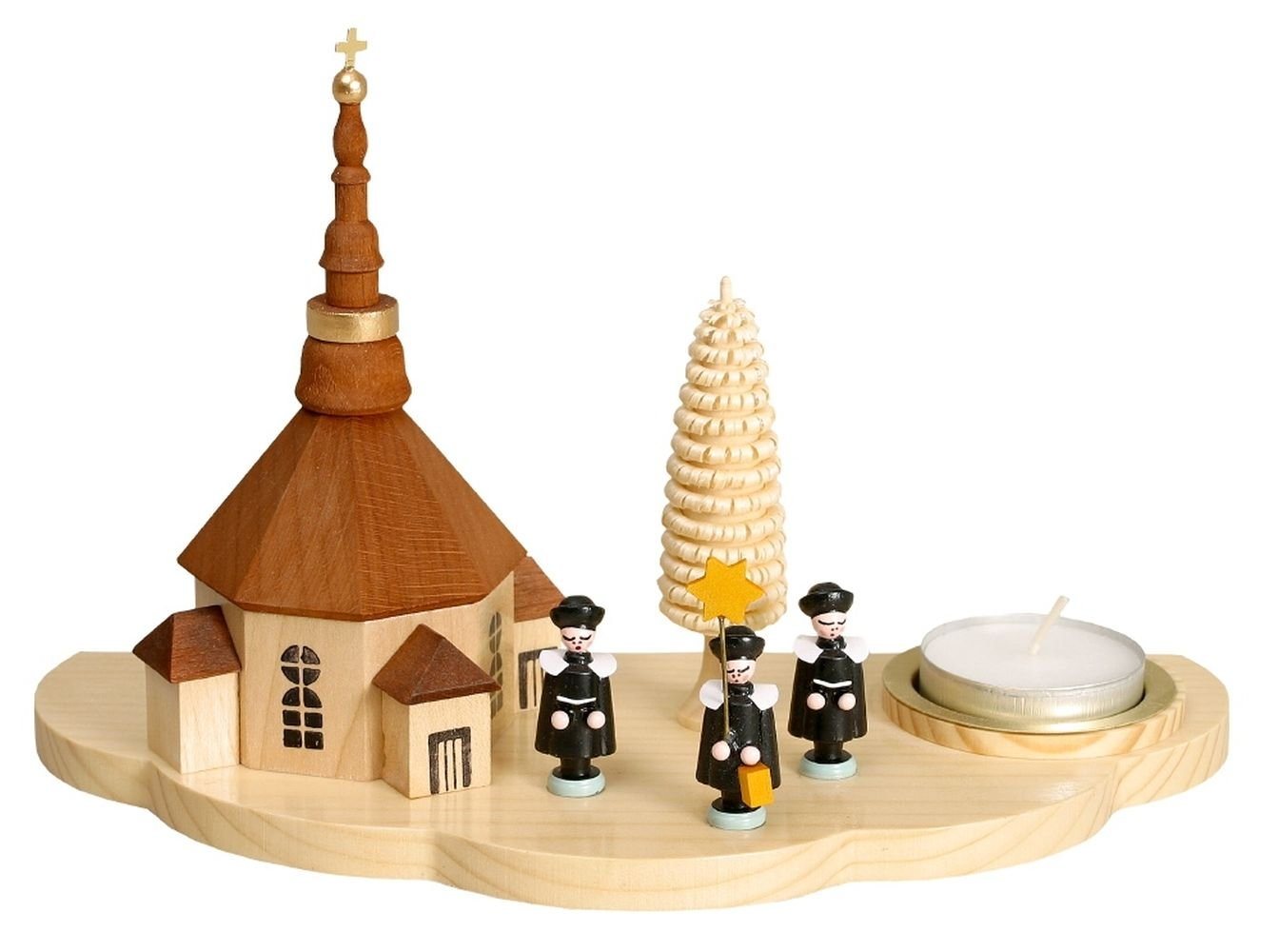 Teelichthalter Kerzenhalter Lichthalter mit Seiffener Kirche und Kurrende natur Teeli, Ringelbäumchen, naturfarbene achteckige Kirche, kleine Figuren von OTTO