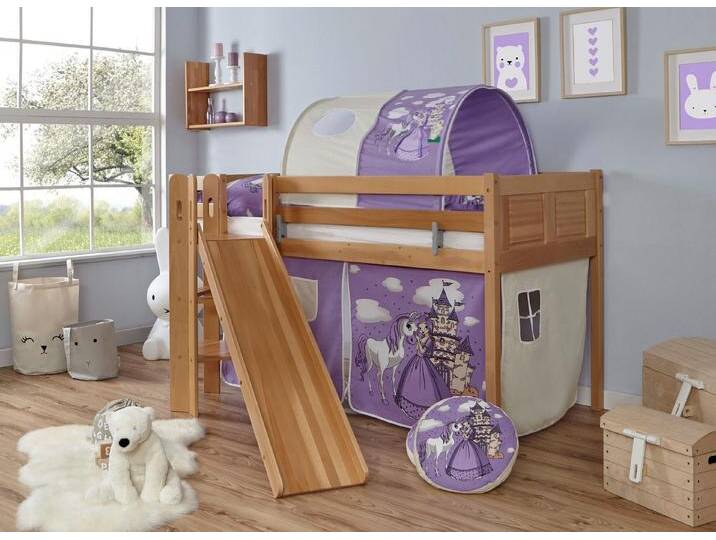 Ticaa Hochbett Ekki mit Rollrost und Textil-Set wahlweise mit Matratze, Buche, beige, Mit Vorhang, Tunnel und Tasche, ohne Matratze, Prinzessin, Lila von OTTO