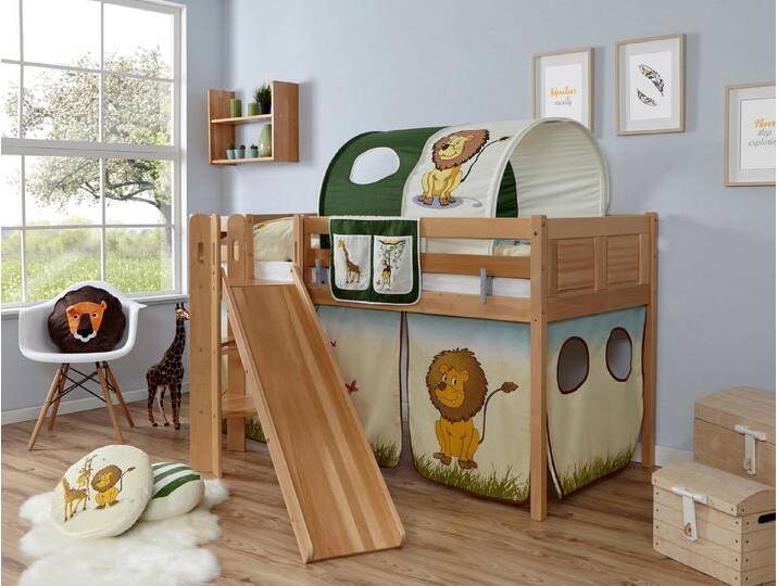 Ticaa Hochbett Ekki mit Rollrost und Textil-Set wahlweise mit Matratze, Buche, beige, Mit Vorhang, Tunnel und Tasche, ohne Matratze, Safari von OTTO