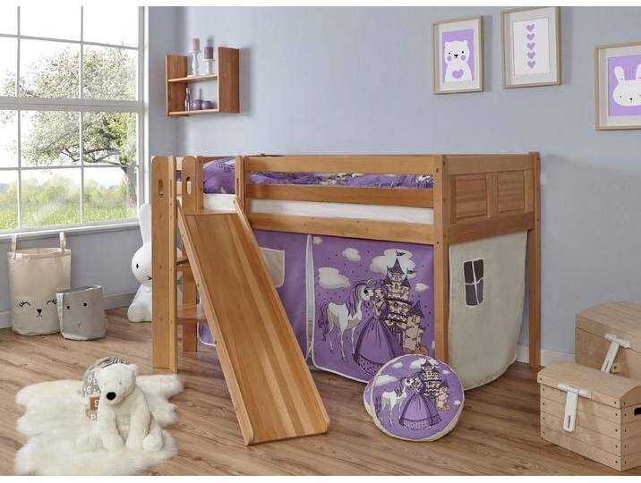 Ticaa Hochbett Ekki mit Rollrost und Textil-Set wahlweise mit Matratze, Buche, beige, Mit Vorhang, ohne Matratze, Prinzessin, Lila von OTTO