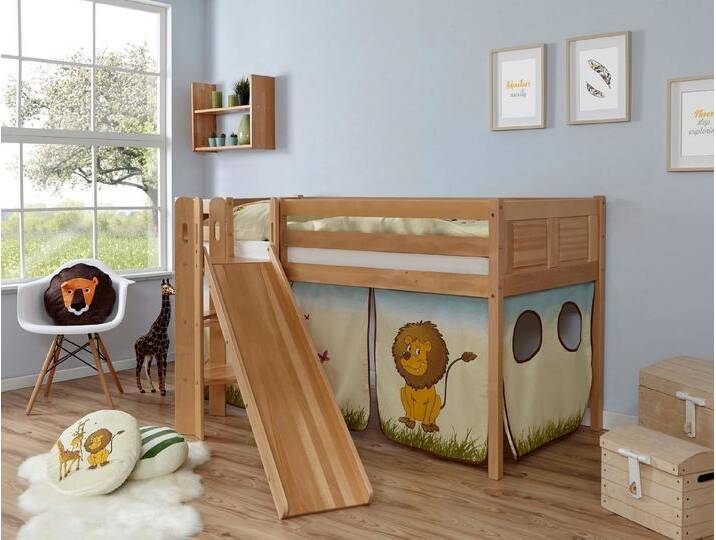 Ticaa Hochbett Ekki mit Rollrost und Textil-Set wahlweise mit Matratze, Buche, beige, Mit Vorhang, ohne Matratze, Safari von OTTO