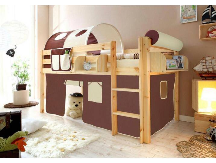 Ticaa Hochbett Malte mit Rollrost und in verschiedenen Ausführungen wahlweise mit Matratze, beige, Mit Vorhang, ohne Matratze, Braun-Beige von OTTO