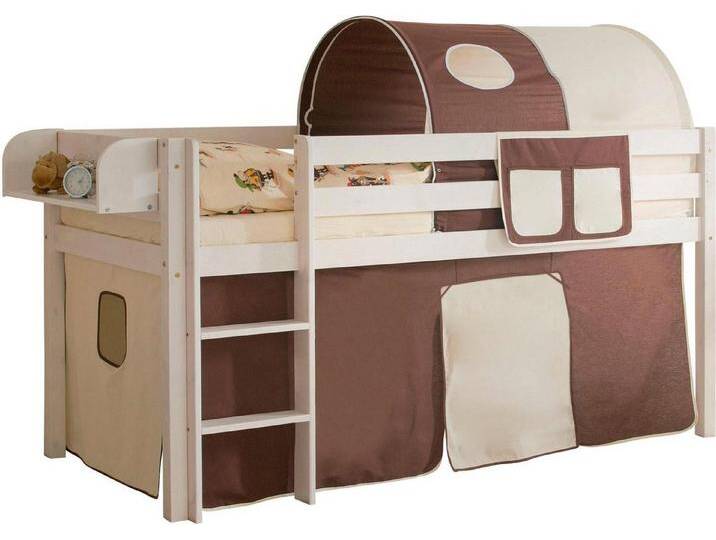 Ticaa Hochbett Malte mit Rollrost und in verschiedenen Ausführungen wahlweise mit Matratze, weiß, Mit Vorhang, ohne Matratze, Braun-Beige von OTTO