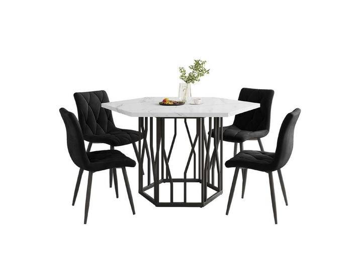 Tongtong Essgruppe sechseckiger Marmor-Esstisch und 4 Esszimmerstühle aus Samt, (5-teiliges Set), Stühle aus schwarzem Samt, schwarz, Schwarz von OTTO