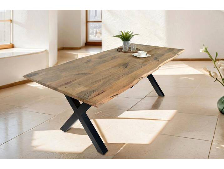 Trelevo® Baumkantentisch Tiger - X-Gestell, Baumkantentisch Mangoholz Esstisch Vintage-Optik 200 x 100 cm X-Gestel, 200x100 von OTTO