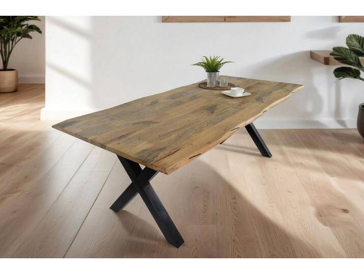 Trelevo® Baumkantentisch Tiger - X-Gestell, Baumkantentisch Mangoholz Esstisch Vintage-Optik 220 x 100 cm X-Gestel, 220x100 von OTTO