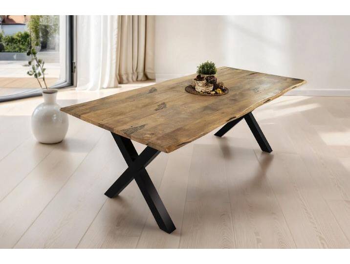 Trelevo® Baumkantentisch Tiger - X-Gestell, Baumkantentisch Mangoholz Esstisch Vintage-Optik 240 x 100 cm X-Gestel, 240x100 von OTTO