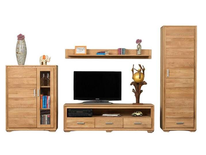 Trendmöbel24 Wohnwand Wohnzimmerschrank Basel Set VII 4-teilig Wildeiche Massivholz, (Komplett-Set, 4-St., Schrank, Lowboard, Halb-Vitrine, Wandboard) von OTTO
