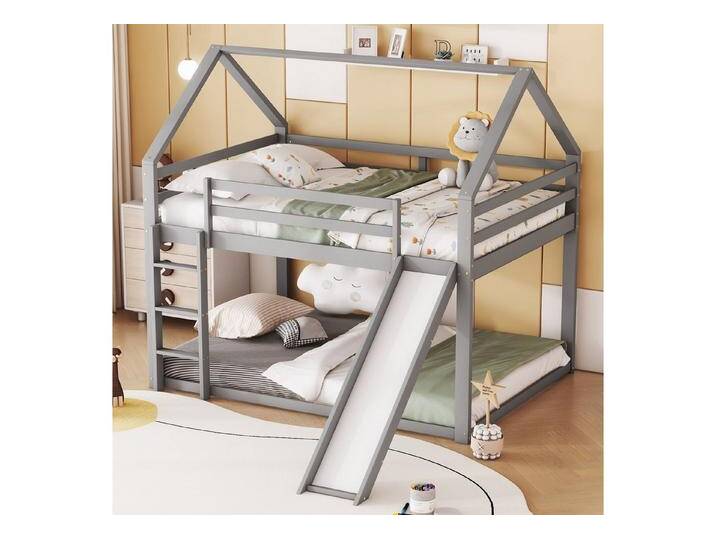 Ulife Etagenbett Doppelbett Kinderbett, Hausform mit Sicherheitszaun, 140x200cm (Ohne Matratze), Hausbett mit Rutsche und Leiter, 140x200cm, grau von OTTO