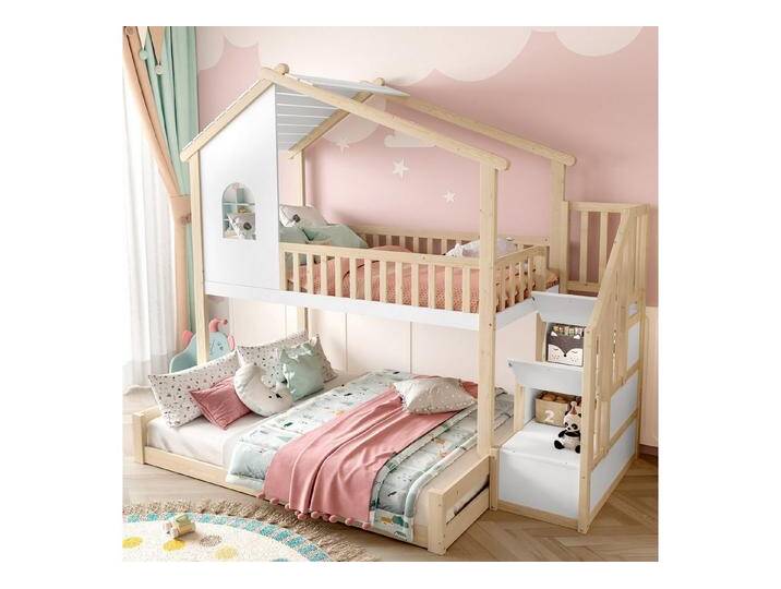 Ulife Etagenbett Kinderbett Jugendbett mit Stauraumleiter & Sicherheitsgitter, Fenster (Ohne Matratze), 90x200cm+140x200cm, beige von OTTO