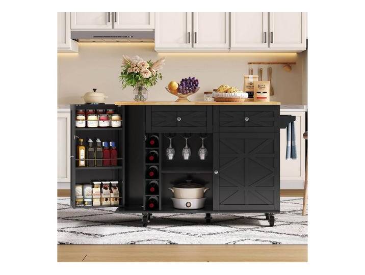 Ulife Kücheninsel mit klappbarer Arbeitsplatte,5 verriegelbaren Rollen, Türregal, mit Weinregal und Glashalter, 120 x 45(70) x 89 cm, Korpus: schwarz von OTTO
