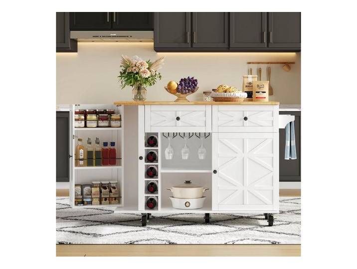 Ulife Kücheninsel mit klappbarer Arbeitsplatte,5 verriegelbaren Rollen, Türregal, mit Weinregal und Glashalter, 120 x 45(70) x 89 cm, weiß von OTTO