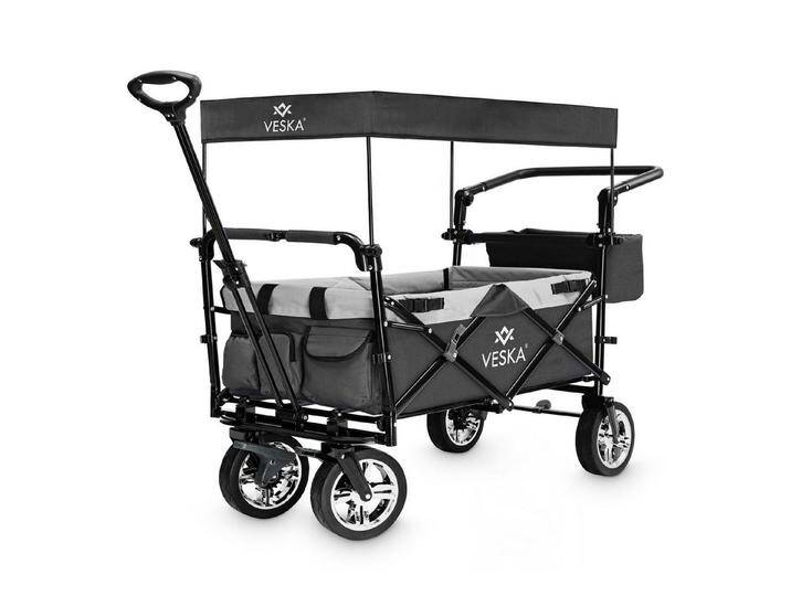 VESKA Bollerwagen faltbar mit Dach Handwagen Transportwagen, 2-Sitzer 3-Punkt Gurtsystem (mit Moskitonetz, Regencover), klappbar, Vollgummi-Reifen, bis 80 kg, Vorder- und Hinter-Bremse von OTTO