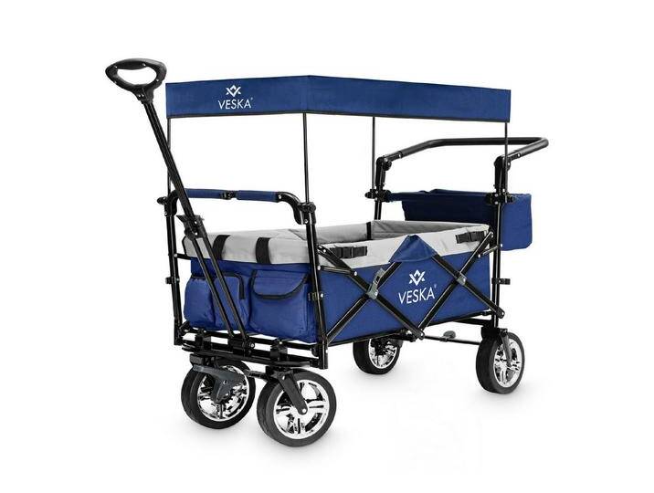 VESKA Bollerwagen faltbar mit Dach Handwagen Transportwagen, 2-Sitzer 3-Punkt Gurtsystem (mit Moskitonetz, Regencover), klappbar, Vollgummi-Reifen, bis 80 kg, Vorder- und Hinter-Bremse von OTTO