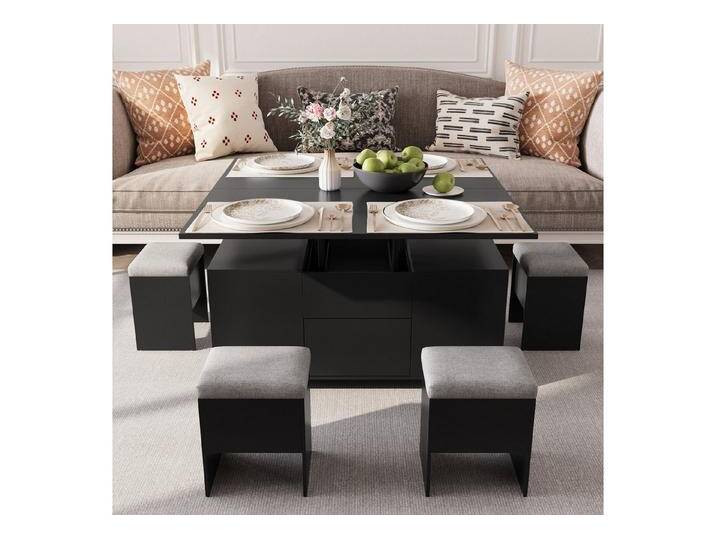 VOWNER Couchtisch Anhebbarer Multifunktionstisch, 4-in-1 Multifunktion, mit Verstecktem Stauraum, mit 4 Hockern, Schwarz, schwarz von OTTO