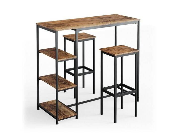 Vicco Bartisch Fyrk, Eiche rustikal/Schwarz, 120 x 50 cm mit Regalen und 2 Barhockern, braun, Bartisch mit 3 Ablagen + 2 Barhocker von OTTO