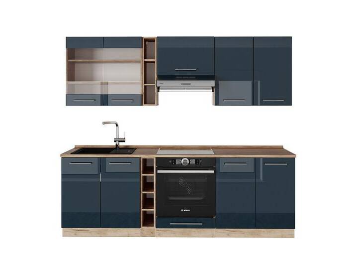 Vicco Küchenzeile Fame-Line, Dunkelblau Hochglanz/Goldkraft Eiche, 235 cm ohne Arbeit..., blau braun, Ohne AP von OTTO
