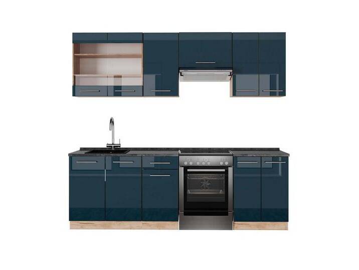 Vicco Küchenzeile Fame-Line, Dunkelblau Hochglanz/Goldkraft Eiche, 240 cm, AP Anthrazit, blau braun, Mit AP Anthrazit von OTTO