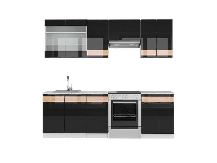 Vicco Küchenzeile Fame-Line, Schwarz-Eiche Hochglanz/Goldkraft Eiche, 240 cm, AP Marmor, braun schwarz, Mit AP Marmor von OTTO