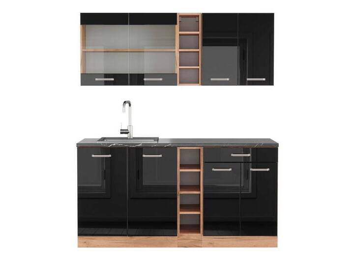 Vicco Küchenzeile R-Line, Schwarz Hochglanz/Goldkraft Eiche, 160 cm, AP Anthrazit, braun schwarz, Mit AP Anthrazit, Front: Schwarz Hochglanz von OTTO