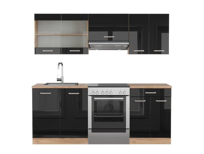 Vicco Küchenzeile R-Line, Schwarz Hochglanz/Goldkraft Eiche, 200 cm ohne Arbeitsplatte, braun schwarz, Ohne AP von OTTO
