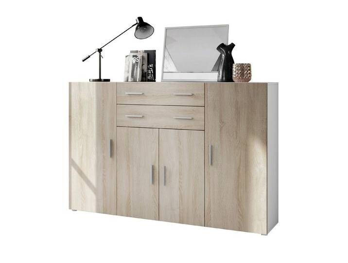 Vladon Highboard Aron (Anrichte, mit 4 Türen und 2 Schubladen), Weiß matt/Eiche sägerau (166,5 x 106,5 x 35 cm), braun, Fronten in Eiche sägerau von OTTO