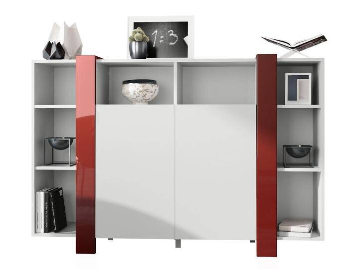 Vladon Highboard Ida V1 (Anrichte, mit 2 Türen und 8 offene Fächer), Weiß matt/Bordeaux Hochglanz (149 x 101 x 34 cm), rot von OTTO