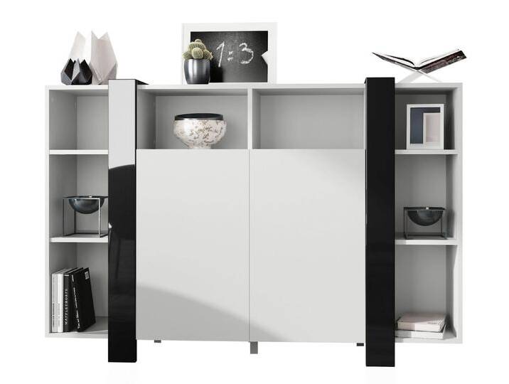 Vladon Highboard Ida V1 (Anrichte, mit 2 Türen und 8 offene Fächer), Weiß matt/Schwarz Hochglanz (149 x 101 x 34 cm), schwarz von OTTO