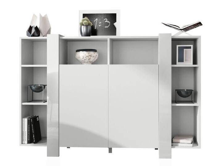 Vladon Highboard Ida V1 (Anrichte, mit 2 Türen und 8 offene Fächer), Weiß matt/Weiß Hochglanz (149 x 101 x 34 cm), weiß, Blenden in Weiß Hochglanz von OTTO