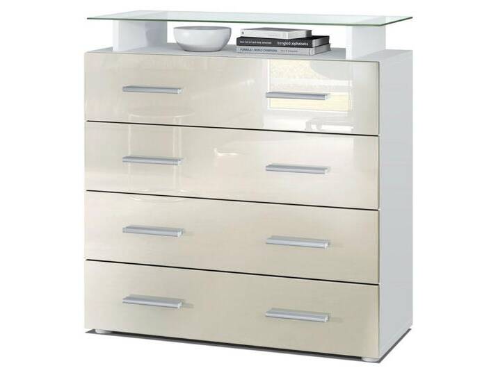 Vladon Kommode Pavos V2 (Kommode, mit 4 Schubladen und Glasablage), Weiß matt/Creme Hochglanz (76 x 81 x 35 cm), gelb, Creme Hochglanz von OTTO