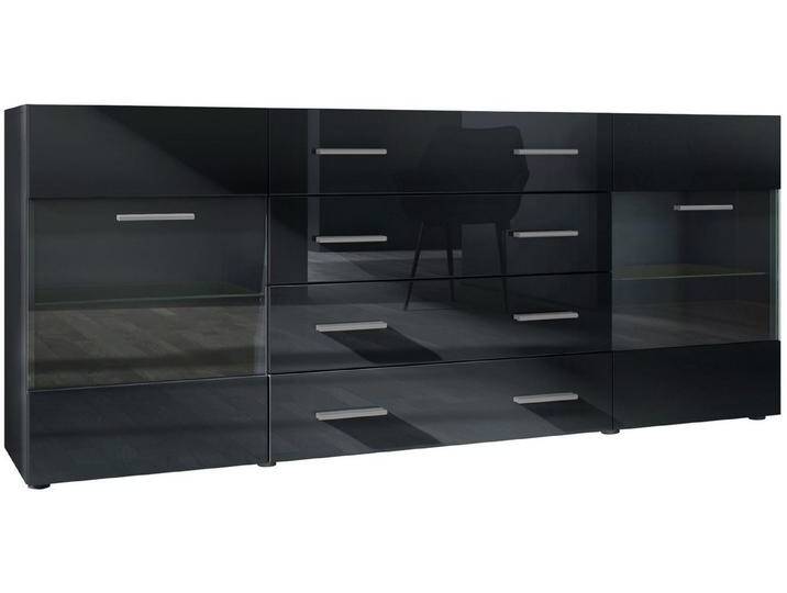 Vladon Sideboard Bari V2 (Kommode mit 2 Türen, 4 Schubladen und 2 flexible Glaseinlegeböden), Schwarz matt/Schwarz Hochglanz (166 x 72 x 35), schwarz von OTTO