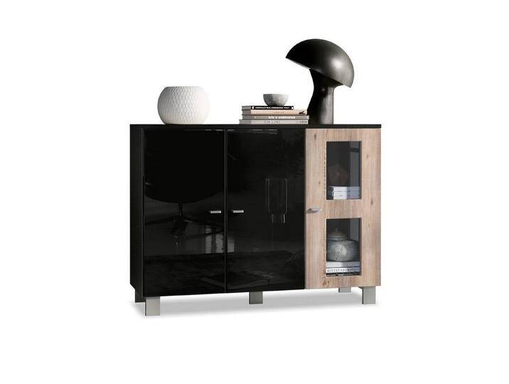 Vladon Sideboard Denjo (Kommode, mit 3 Türen), Schwarz matt/Schwarz Hochglanz/Eiche Nordic (107 x 81 x 35 cm), braun, ohne LED Beleuchtung von OTTO