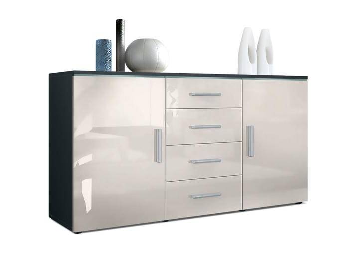 Vladon Sideboard Faro V1 (Kommode, mit 2 Türen und 4 Schubladen), Schwarz matt/Sandgrau Hochglanz (139 x 72 x 35), grau, Front in Sandgrau Hochglanz von OTTO