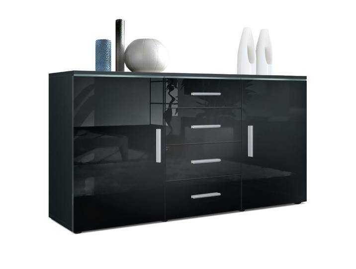 Vladon Sideboard Faro V1 (Kommode, mit 2 Türen und 4 Schubladen), Schwarz matt/Schwarz Hochglanz (139 x 72 x 35), schwarz, Front in Schwarz Hochglanz von OTTO