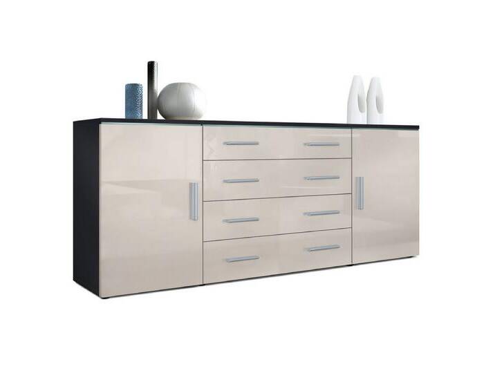 Vladon Sideboard Faro V2 (Kommode, mit 2 Türen und 4 Schubladen), Schwarz matt/Sandgrau Hochglanz (166 x 72 x 35), grau, Front in Sandgrau Hochglanz von OTTO