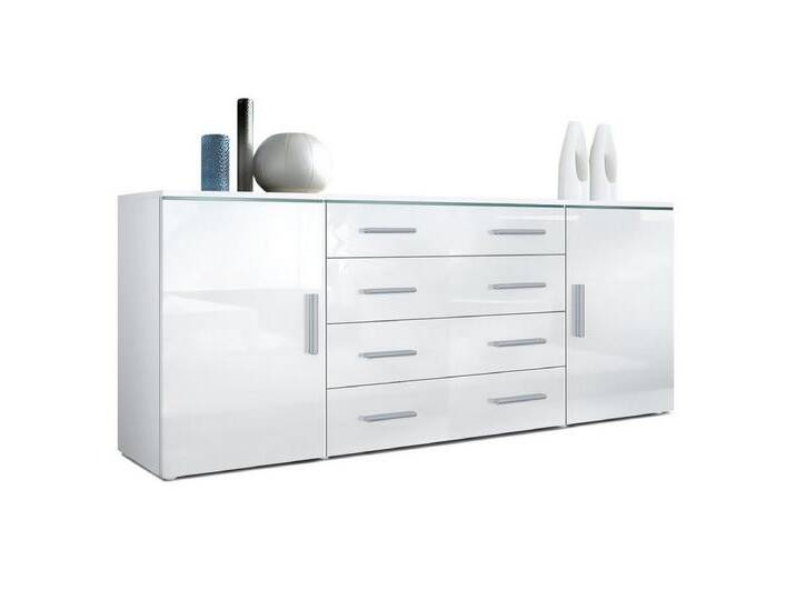 Vladon Sideboard Faro V2 (Kommode, mit 2 Türen und 4 Schubladen), Weiß matt/Weiß Hochglanz (166 x 72 x 35), weiß, Front in Weiß Hochglanz von OTTO
