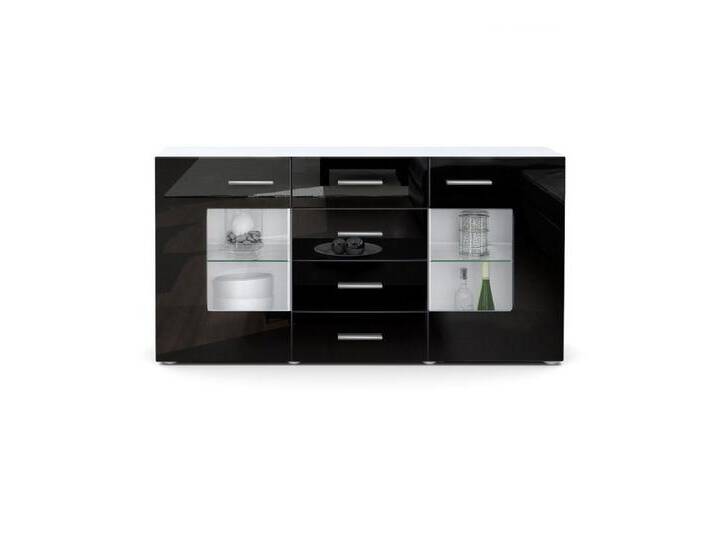 Vladon Sideboard Grömitz V1 (Kommode mit 2 Türen, 4 Schubladen und 2 flexible Glaseinlegeböden), Weiß matt/Schwarz Hochglanz (139 x 72 x 35), schwarz von OTTO