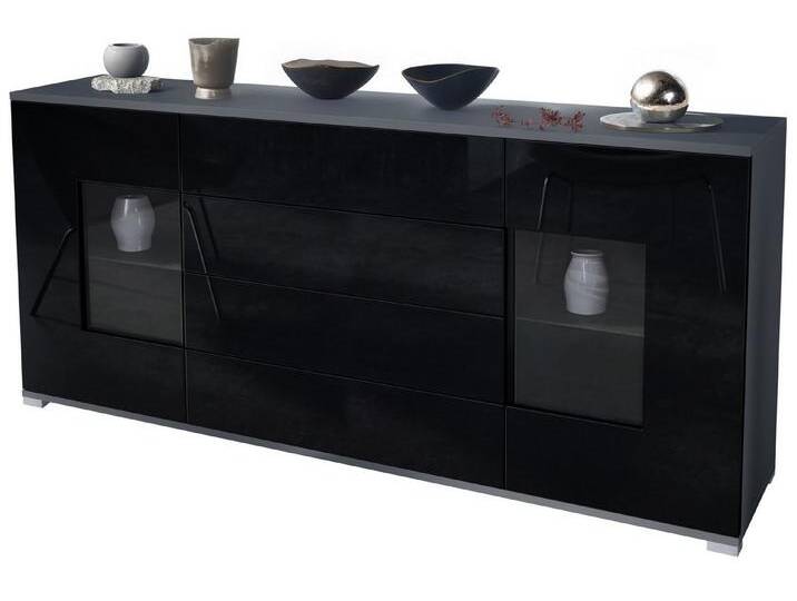 Vladon Sideboard Grömitz V2 (Kommode mit 2 Türen, 4 Schubladen und 2 flexible Glaseinlegeböden), Anthrazit matt/Schwarz Hochglanz (166,5 x 75,5 x 35) von OTTO