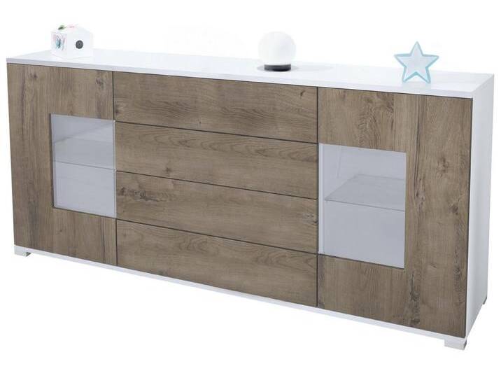 Vladon Sideboard Grömitz V2 (Kommode mit 2 Türen, 4 Schubladen und 2 flexible Glaseinlegeböden), Weiß matt/Eiche Ribbeck (166,5 x 75,5 x 35), braun von OTTO
